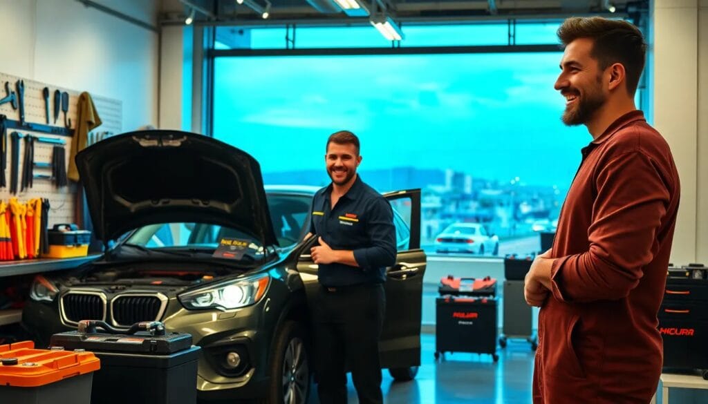 Tienda de autos con clientes sonrientes.