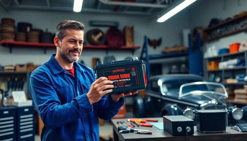 Hombre sosteniendo batería en taller.
