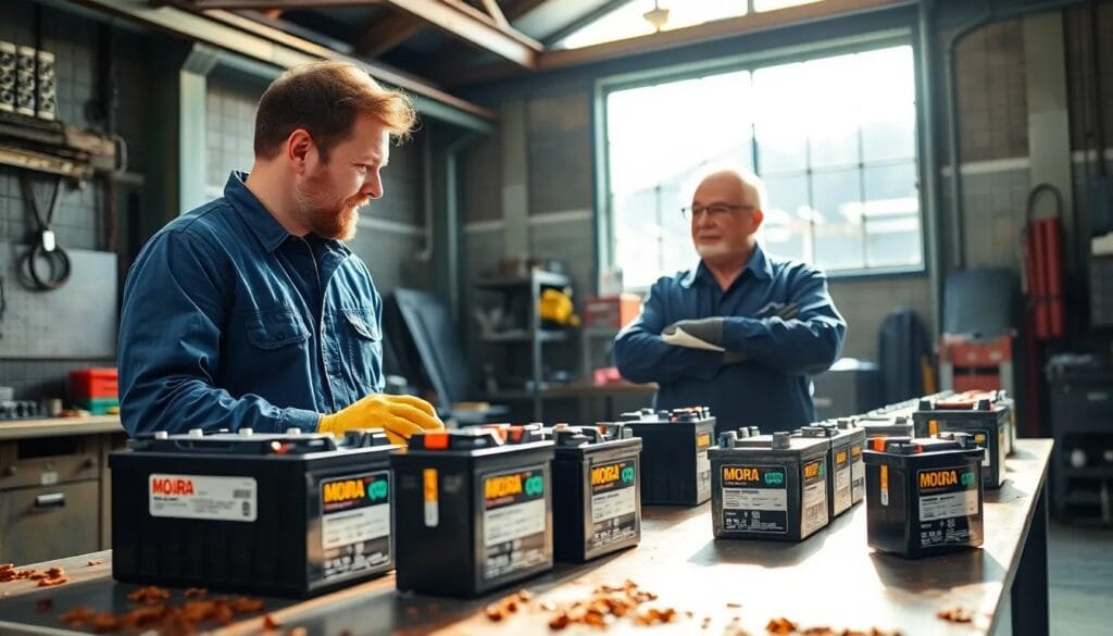 Hombres trabajando con baterías en taller.
