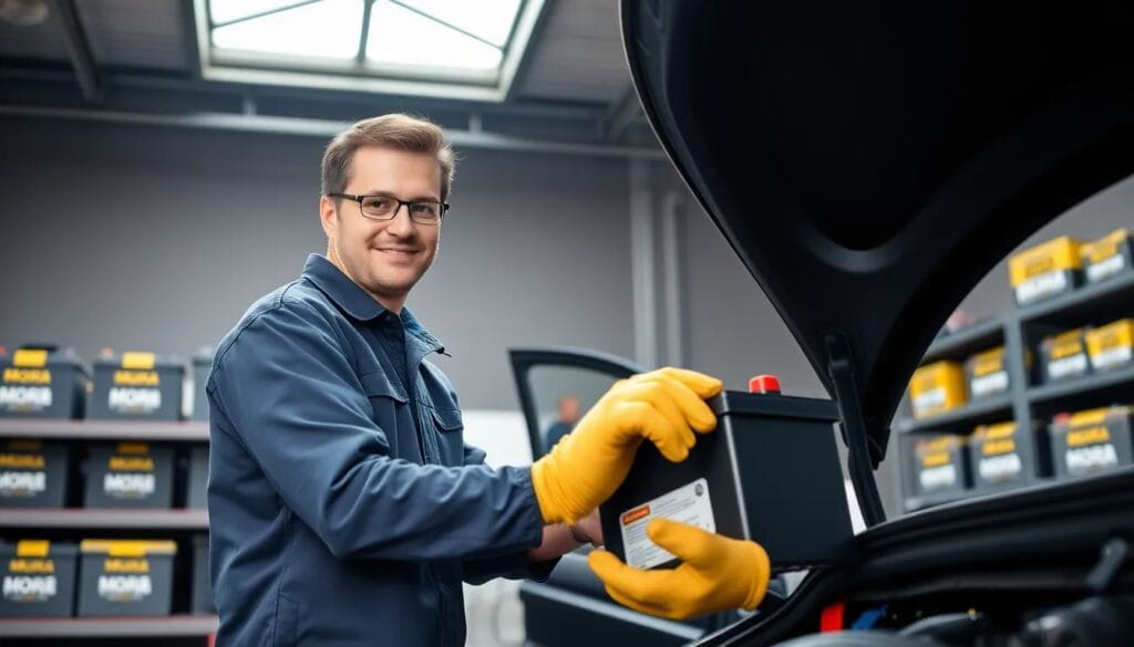 Hombre instalando batería en automóvil.