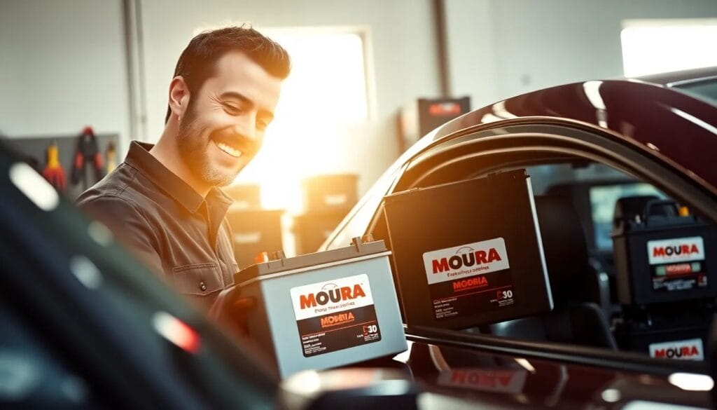 Hombre sonriente sosteniendo baterías Moura.