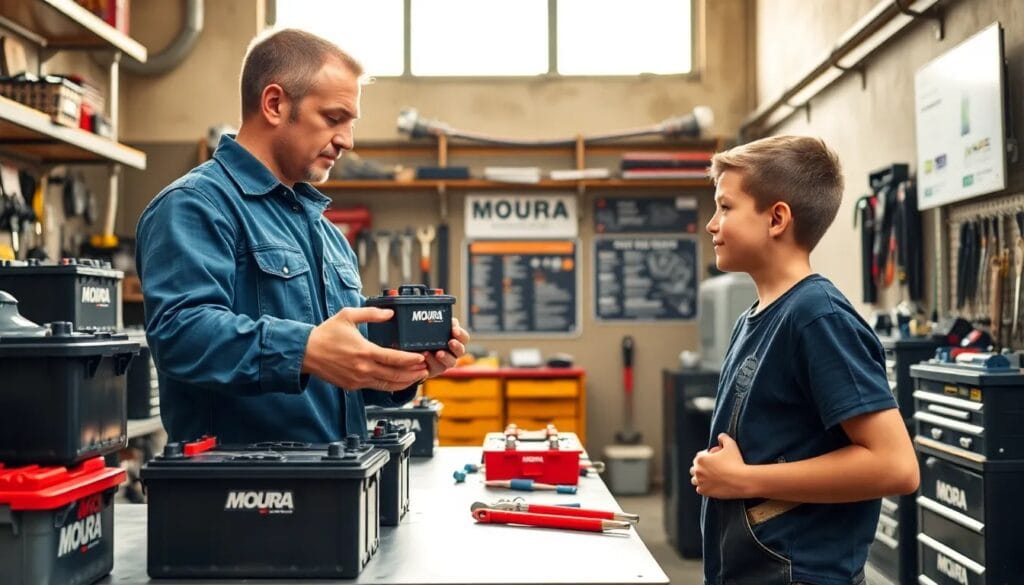 Hombre y niño en taller de baterías.
