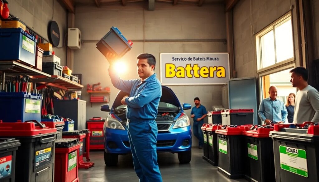 Hombre sosteniendo batería en taller