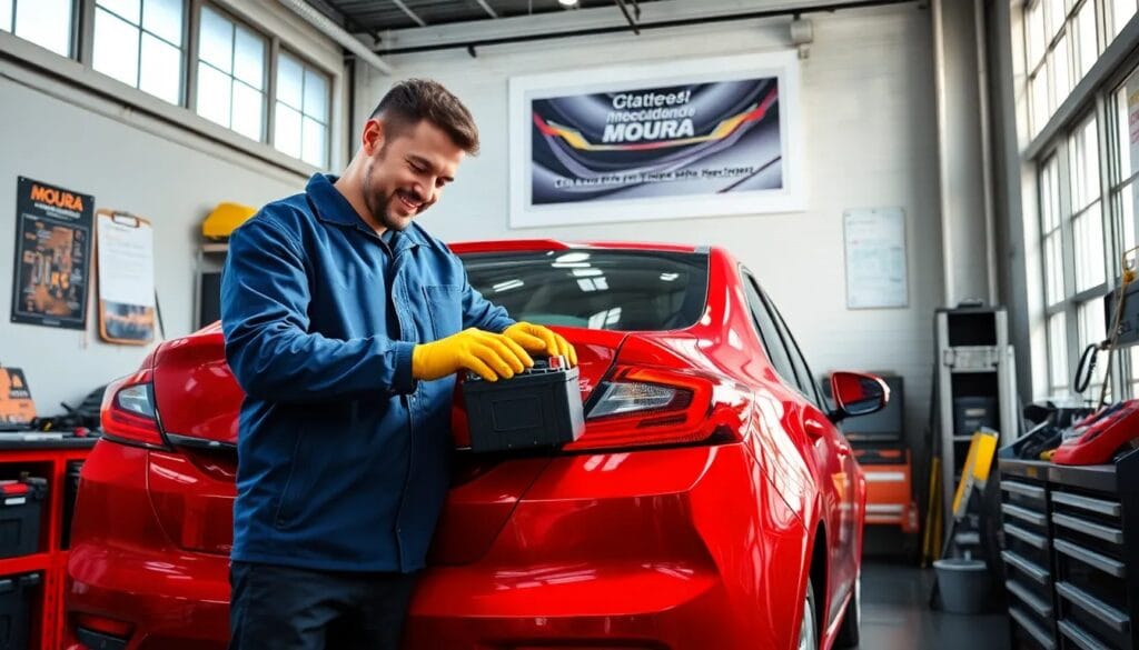 Hombre feliz con batería de auto.