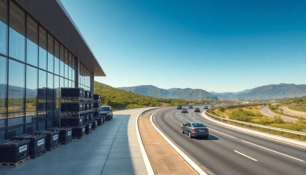Almacén junto a autopista con montañas.