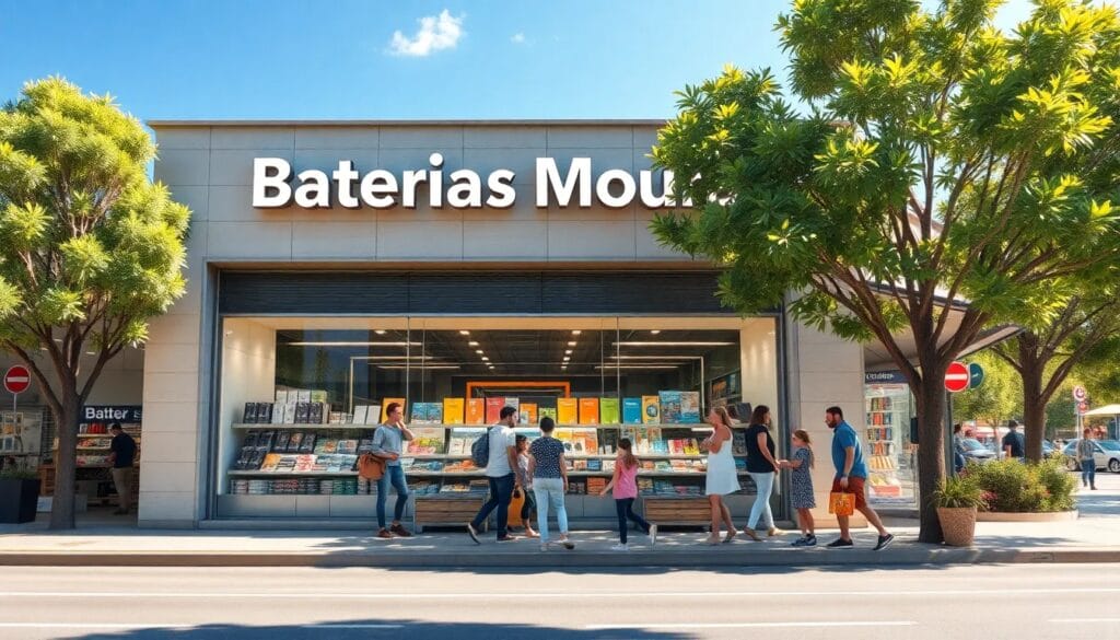 Tienda de libros con gente caminando.
