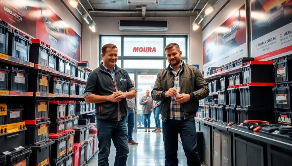 Hombres en tienda de baterías Moura.