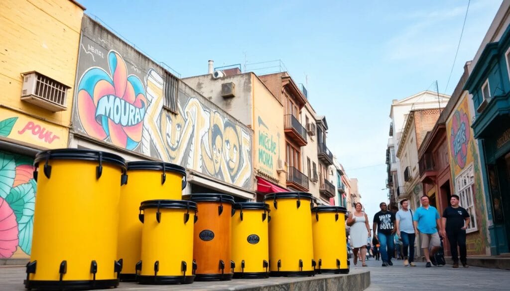 Tambores amarillos en una calle colorida.