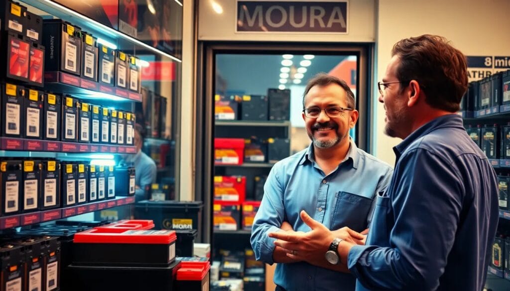 Hombres conversando en tienda de baterías.