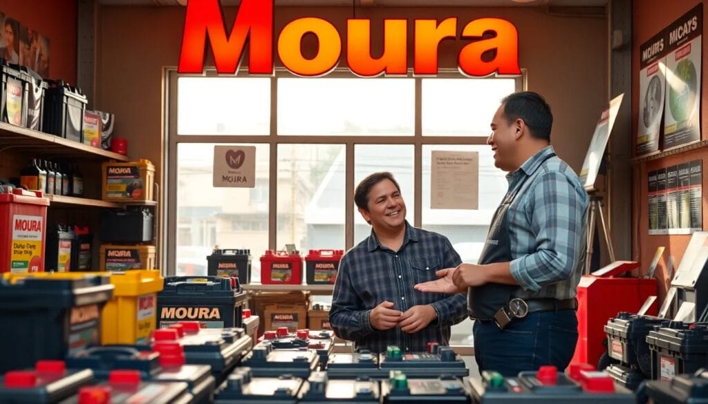 Dos hombres conversando en tienda de baterías.