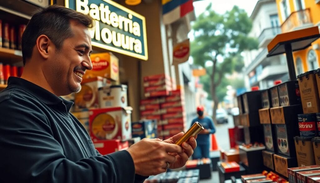 Hombre sonriente en tienda de baterías.
