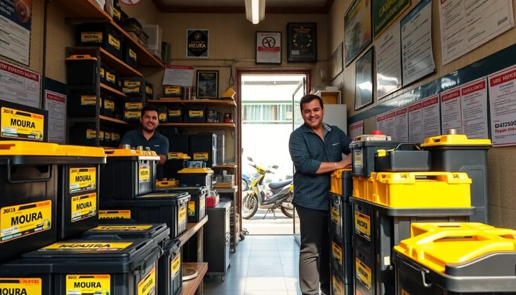 Tienda de baterías con empleados sonrientes.