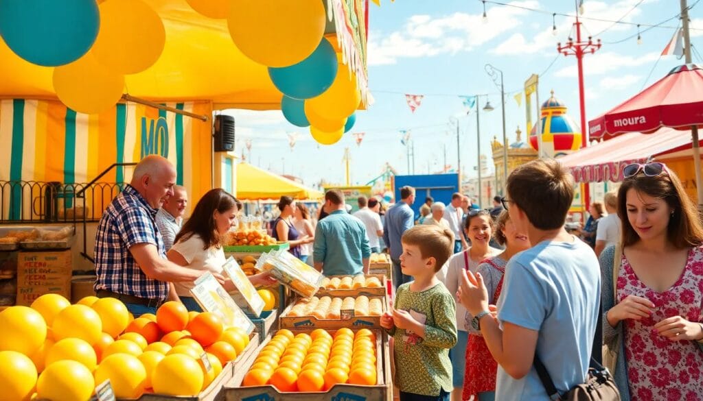 Feria con frutas y gente sonriente.
