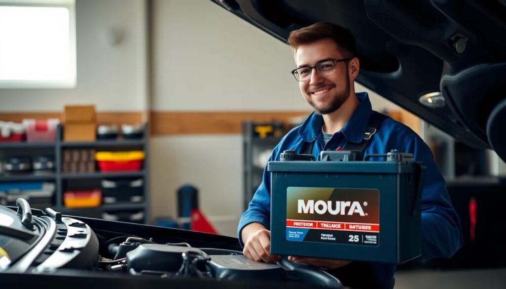 Técnico sonriente con batería de automóvil.
