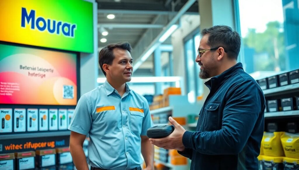 Dos hombres conversando en una tienda.