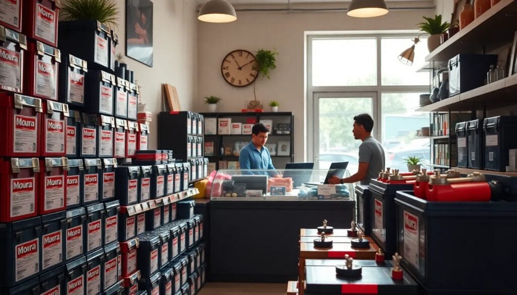 Tienda de baterías con clientes atendiendo.