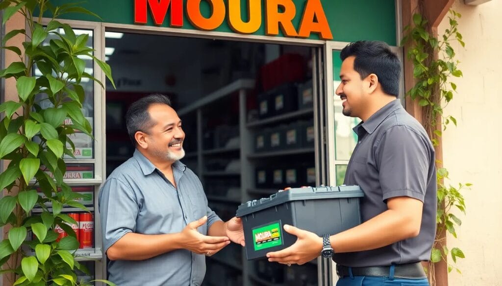 Hombres intercambiando una batería Moura