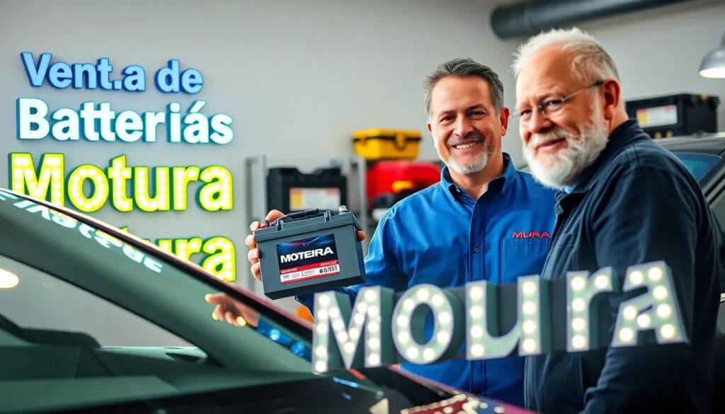 Hombres mostrando batería de automóvil.