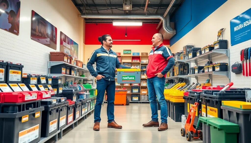 Hombres conversando en tienda de herramientas.